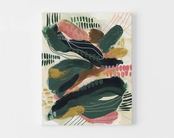 Abstract Painting Tropical Inspired Pink and Green Artwork Jungle Contemporary Wall Art | "Palm Leaf Imprints" - Art Print or Canvas