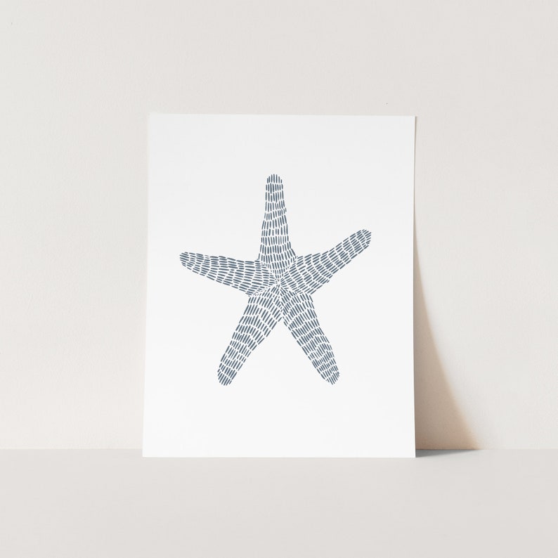 Starfish Wall Art Modern Coastal Nautical Decor Blue & White Sea Star Bathroom Beach Minimalist Starfish Art Print or Canvas image 4