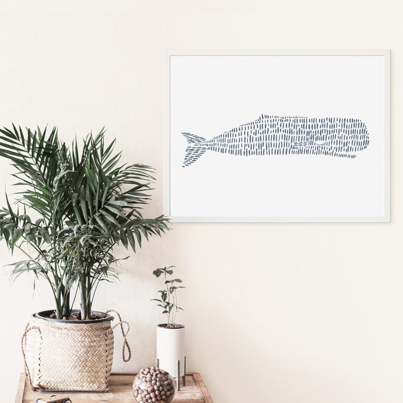 Coastal Decor | Nautical Wall Art with Whale Artwork in Slate Blue for Hamptons Style | "Sperm Whale Illustration" - Art Print or Canvas image 14