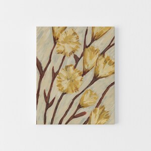 May include: A painting of yellow flowers with brown stems on a light gray background.