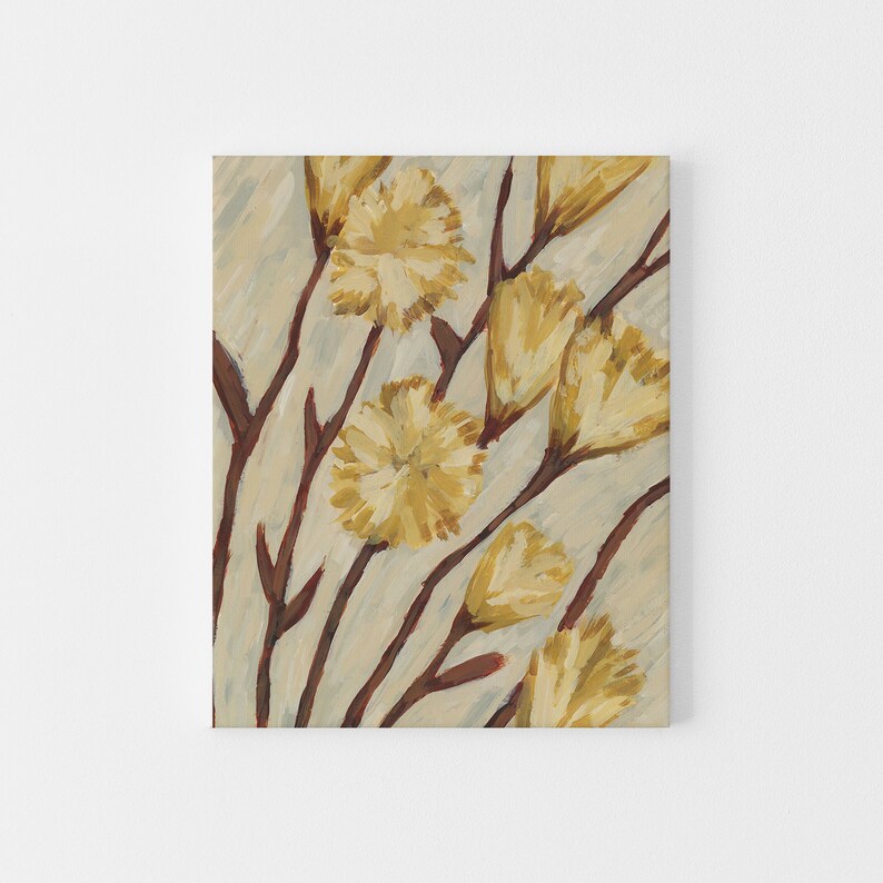 May include: A painting of yellow flowers with brown stems on a light gray background.