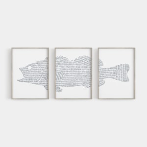 Large Mouth Bass Art Modern Lake House Decor Fishing Gift Fisherman Triptych | "Largemouth Bass Lake Fish" - Set of 3 Prints or Canvases