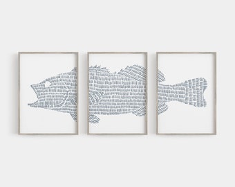 Large Mouth Bass Art Modern Lake House Decor Fishing Gift Fisherman Triptych | "Largemouth Bass Lake Fish" - Set of 3 Prints or Canvases