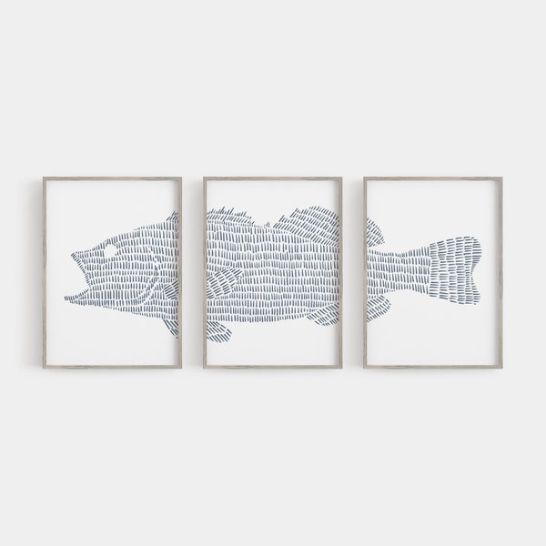 Large Mouth Bass Art Modern Lake House Decor Fishing Gift Fisherman Triptych | "Largemouth Bass Lake Fish" - Set of 3 Prints or Canvases