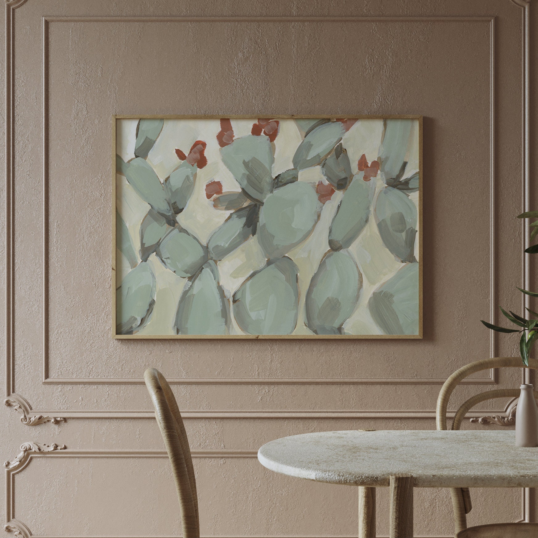 Prickly Pear Art Cactus Painting Green and Beige Neutral Etsy