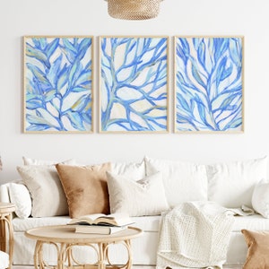 Seaweed Painting | Bright Beach Art Sea Botanicals for Turquoise Coastal Decor Triptych | &quot;Seaweed Blues&quot; – Set of 3 – Art Prints or Canvas