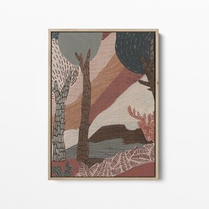 May include: Abstract art print featuring a stylized forest scene with trees, a deer, and a colorful, patterned background. The colors are muted and earthy, with shades of brown, pink, and blue.
