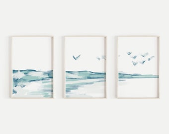Seascape Art Modern Blue and Turquoise Beachscape Coastal Fresh Chic Triptych | "Shoreline Journey" - Set of 3 - Art Prints or Canvases