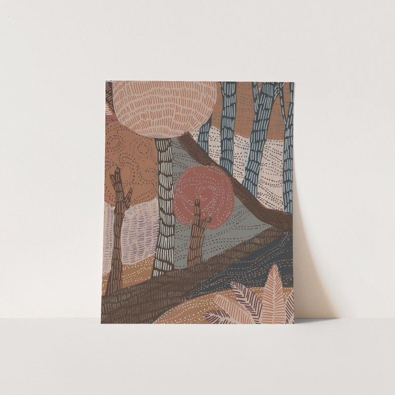 May include: Abstract art print featuring a stylized forest scene with trees, leaves, and branches in shades of brown, pink, blue, and gray.