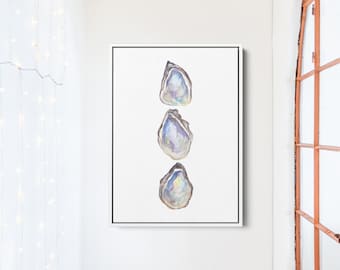 Southern Seaside Coastal Decor | "Watercolor Oyster Trio" - Art Print or Canvas