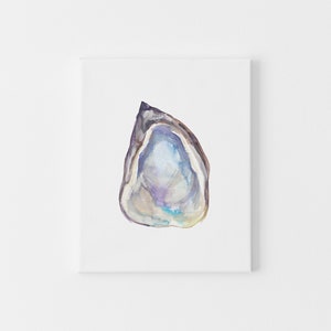 May include: A watercolor painting of a single oyster shell with a purple, blue, and white interior. The shell is painted in a realistic style and has a slightly textured appearance.