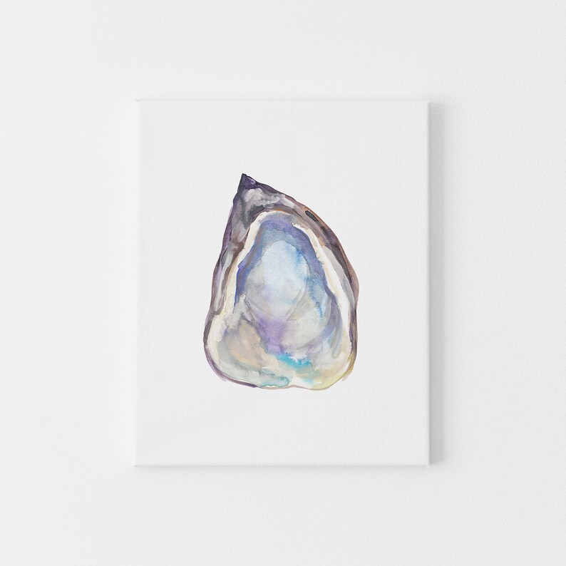 May include: A watercolor painting of a single oyster shell with a purple, blue, and white interior. The shell is painted in a realistic style and has a slightly textured appearance.