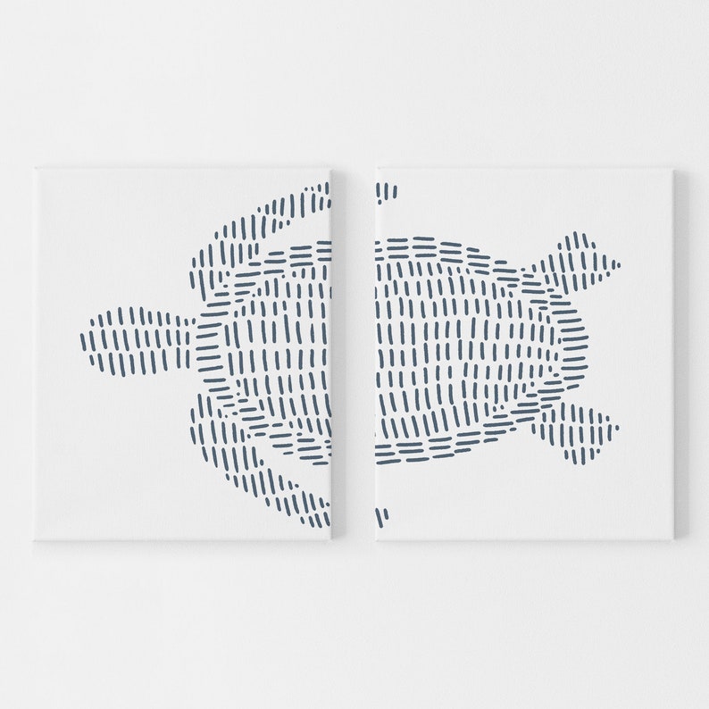May include: A split canvas wall art print featuring a stylized line drawing of a sea turtle in shades of blue against a white background.