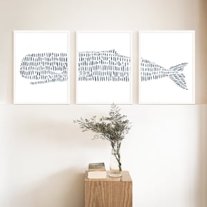 Wal Druck Küsten Wand Kunst Nautische Dekor Strand Strand Triptychon | "Pottwal Moderne Illustration - 3er Set - Kunstdruck oder Leinwände