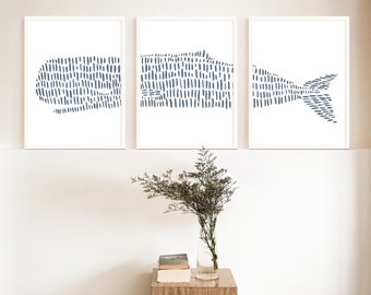 Sperm Whale Print Coastal Wall Art Nautical Home Decor Beach Triptych | "Sperm Whale Modern Illustration" - Set of 3 - Art Print or Canvases