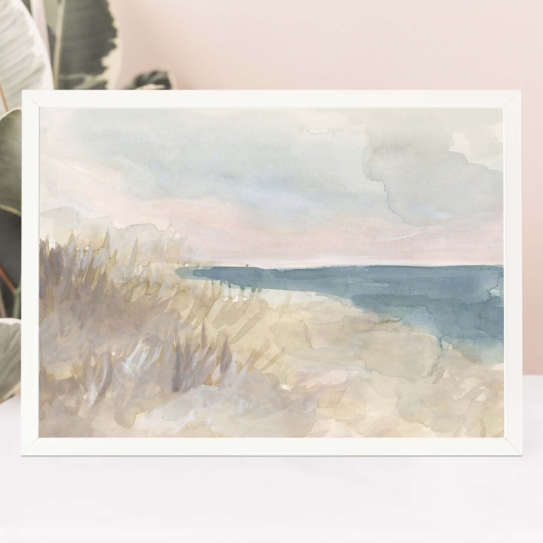 Coastal Watercolor Painting Modern Beachscape Seascape Artwork Beach