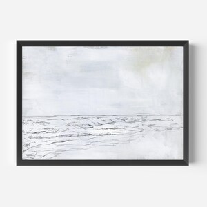 May include: A black and white sketch of a seascape with waves crashing on the shore. The sky is a light gray with a hint of blue. The waves are drawn in a simple, abstract style.