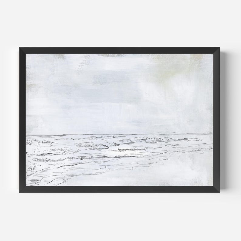 May include: A black and white sketch of a seascape with waves crashing on the shore. The sky is a light gray with a hint of blue. The waves are drawn in a simple, abstract style.
