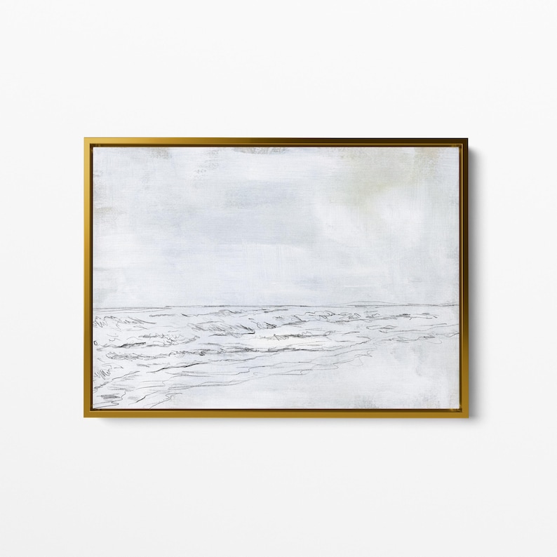 May include: A framed black and white sketch of a seascape with waves crashing on the shore. The background is a light blue and the waves are drawn in a simple, minimalist style.