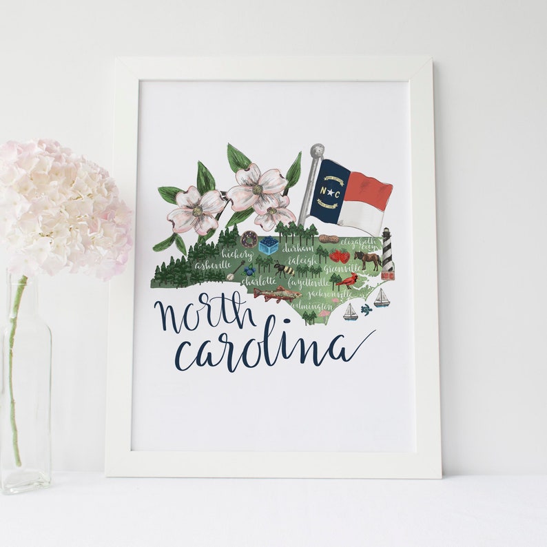 North Carolina State Map Illustration Landmark Hometown Gift Idea NC Wall Art Print or Canvas image 1