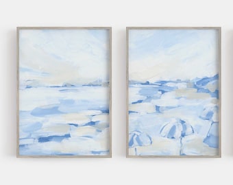 Coastal Painting Blue and White Modern Minimalist Beachy Decor Beach Wall Art Diptych | "August Daze" - Set of 2 - Art Prints or Canvases