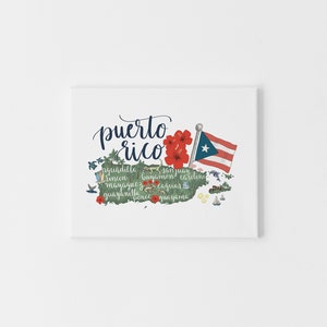 May include: A white canvas print with a map of Puerto Rico. The map is green and shows the island's coastline and major cities. The words "puerto rico" are written in blue cursive script at the top of the map. The flag of Puerto Rico is shown in the upper right corner of the map.