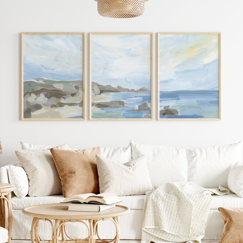 Beach Landscape Painting Set Seascape Artwork Statement Beach House Triptych Coastline in the Morning Set of 3 Art Print or Canvases image 8