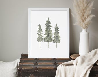 Pine Tree Art Watercolor | Modern Christmas Decor in Nordic Style, Scandinavian Winter Art | &quot;Watercolor Pine Trio&quot; - Art Print or Canvas