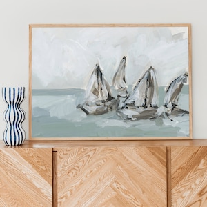 Sailboat Painting Neutral Coastal Decor Gray and Blue Artwork Beach House Statement Wall Art | "Windward Bound" - Art Print or Canvas