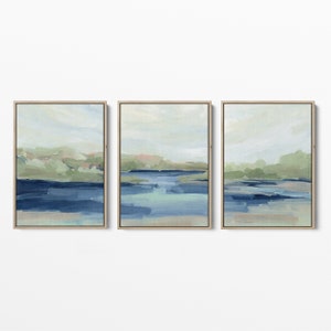 Lake Abstract Painting Seascape Water Scene Blue and Green Modern Triptych Art | "Shoreside Memories" - Set of 3  - Art Prints or Canvases