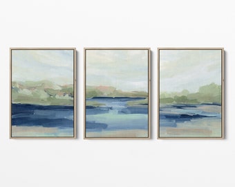 Lake Abstract Painting Seascape Water Scene Blue and Green Modern Triptych Art | "Shoreside Memories" - Set of 3  - Art Prints or Canvases