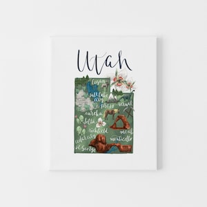 Utah Zustand Karte | Wahrzeichen Illustration Zeichnung von Salt Lake City | Hometown Geschenk Poster Wall Art - Kunstdruck oder Leinwand