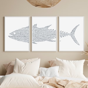 Thunfisch Fisch Print Set | Atlantik Blau Flosse für Nautical Decor Triptychon | "Thunfisch Moderne Illustration" - 3er-Set - Kunstdrucke oder Leinwände
