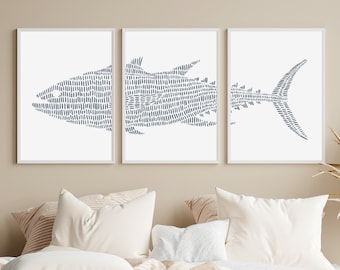 Tuna Fish Print Set | Atlantic Blue Fin for Nautical Decor Triptych | "Tuna Fish Modern Illustration" - Set of 3 - Art Prints or Canvases