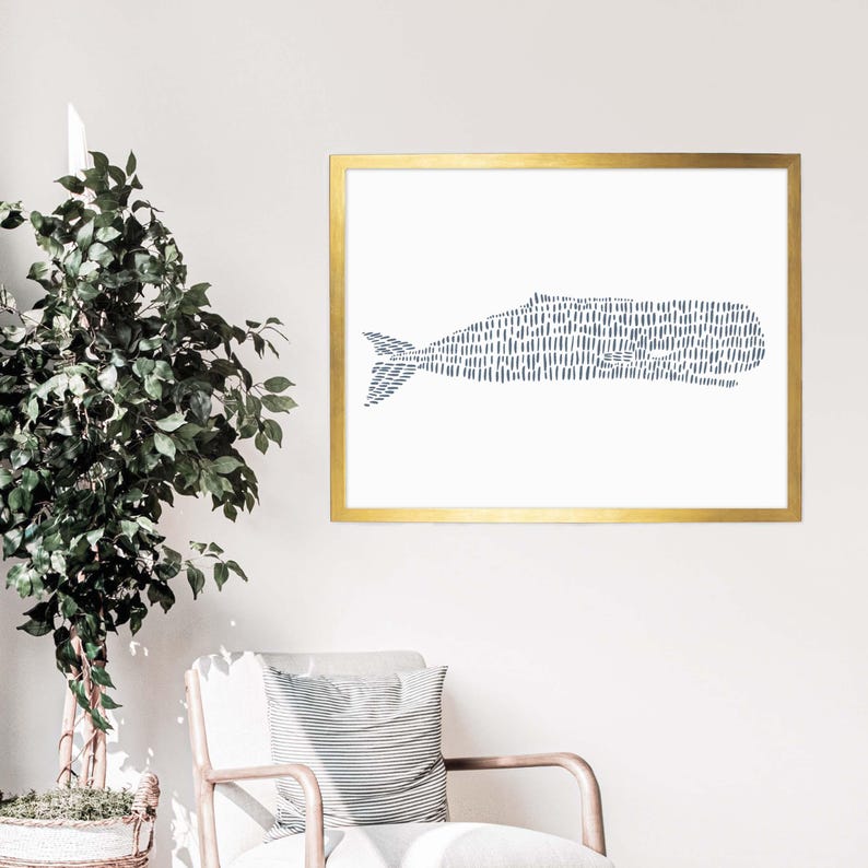 Coastal Decor | Nautical Wall Art with Whale Artwork in Slate Blue for Hamptons Style | "Sperm Whale Illustration" - Art Print or Canvas image 10