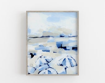 May include: Abstract painting of a beach scene with blue and white umbrellas in the foreground and a blue and gray sky in the background.