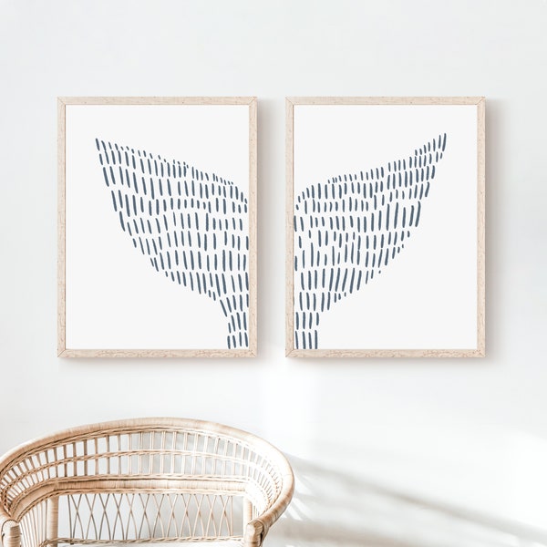 Coastal Wall Art | Whale Tail Diptych Print, Hamptons Nautical Decor | "Whale Tail Modern Illustration" - Set of 2 Art Prints or Canvases