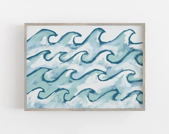 Ocean Wave Print Modern Beach House Nursery Decor Blue and White Wall Art | "Roaring Seas" - Art Print or Canvas