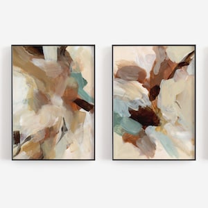 Earth Toned Abstract Painting | Modern Lodge Autumn Artwork Statement Mantel Diptych | &quot;Fall Evoked&quot; - Set of 2 - Art Prints or Canvases