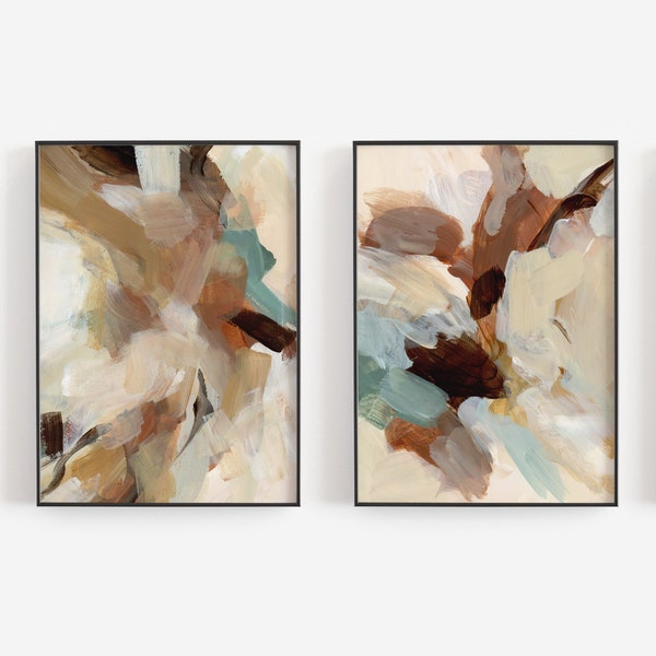 Earth Toned Abstract Painting Modern Lodge Autumn Artwork Statement Mantel Diptych | "Fall Evoked" - Set of 2 - Art Prints or Canvases