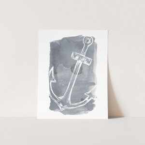 May include: A white anchor illustration on a gray watercolor background.