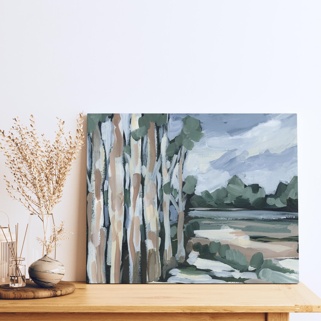Birch Tree Painting | Bold Lake Landscape Art for Forest Cabin Decor ...
