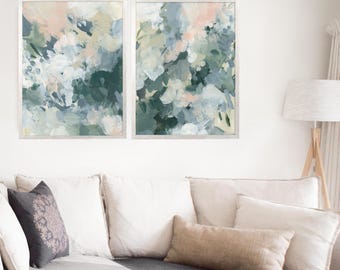 Abstract Diptych Wall Art | Neutral Green & Peach Diptych - Set of 2 - Prints or Canvas