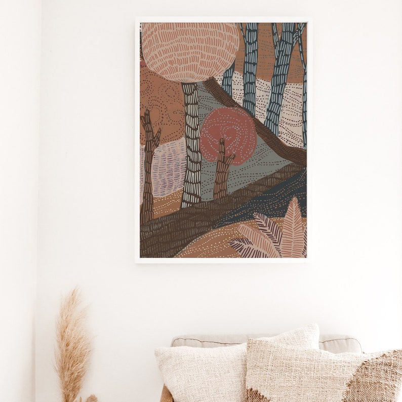 May include: Abstract art print featuring a stylized forest scene with brown, pink, and blue trees. The print has a textured, hand-drawn look.