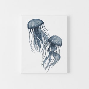 Blue Jellyfish Print Sea Life Painting Watercolor Ocean Decor Coastal Wall Art | "Navy Blue Jellyfish Duo"  - Art Print or Canvas