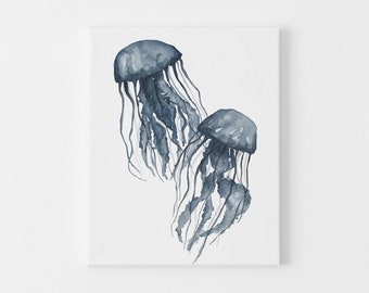 Blue Jellyfish Print Sea Life Painting Watercolor Ocean Decor Coastal Wall Art | "Navy Blue Jellyfish Duo"  - Art Print or Canvas