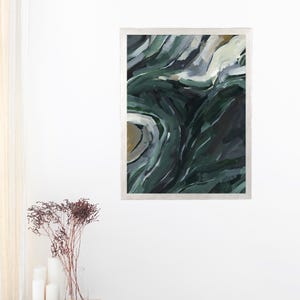 May include: Abstract painting with swirling green, blue, and white colors. The painting has a textured, marbled look.