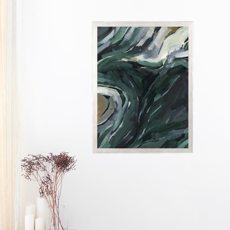 May include: Abstract painting with swirling green, blue, and white colors. The painting has a textured, marbled look.