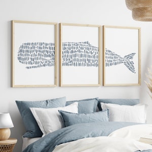 Whale Print Triptych | Coastal Wall Art for Nautical Beach Decor | "Sperm Whale Modern Illustration" - Set of 3 Art Prints or Canvases