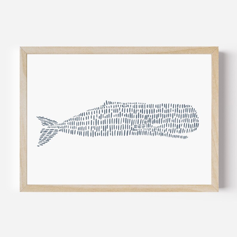Coastal Decor | Nautical Wall Art with Whale Artwork in Slate Blue for Hamptons Style | "Sperm Whale Illustration" - Art Print or Canvas image 2